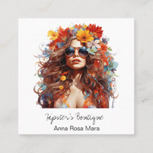 *~* HERFST AP57 QR Boho Flowers Hair Hippie Lady Vierkante Visitekaartje