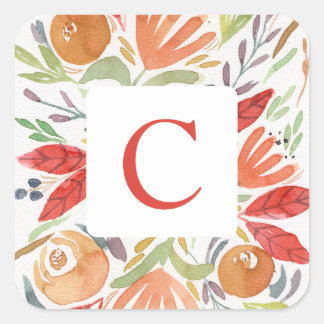 Herfst Aquarel Bloemige Monogram Vierkante Sticker