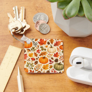 Herfst Aquarel Pompoenen, Herfstbladeren & Bos Sleutelhanger