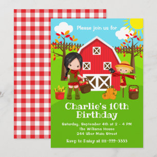 Herfst Autumn Barnyard Verjaardag Zwart Haar Meisj Kaart