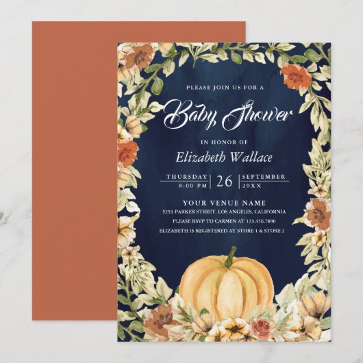 Herfst Autumn Earthy Floral Pumpkin Navy Baby show Kaart (Voorkant / Achterkant)