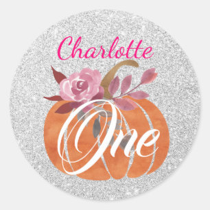 Herfst Autumn Floral Pumpkin 1st Birthday One Silv Ronde Sticker