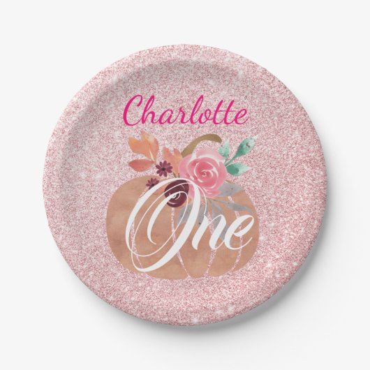 Herfst Autumn Floral Pumpkin 1st Birthday Roos Gol Papieren Bordje (Voorkant)