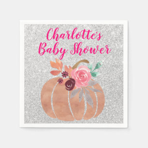 Herfst Autumn Floral Pumpkin Baby shower Pink Silv Servet