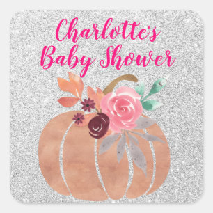Herfst Autumn Floral Pumpkin Baby shower Pink Silv Vierkante Sticker