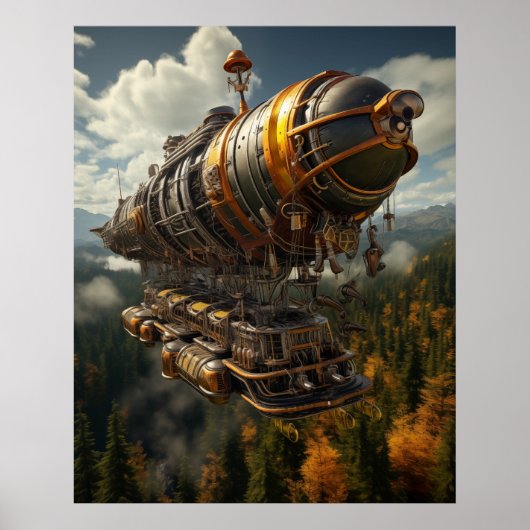 Herfst Avontuur Steampunk Zeppelin over Bos Poster (Voorkant)