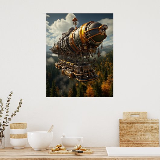 Herfst Avontuur Steampunk Zeppelin over Bos Poster (Keuken)