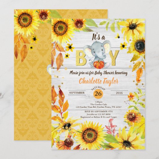 Herfst Baby Boy Douche Uitnodiging Zonnebloem Olif (Voorkant / Achterkant)