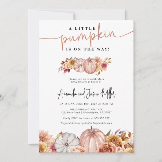 Herfst Baby shower Bloemen en Pompoenen Save The Date (Voorkant)