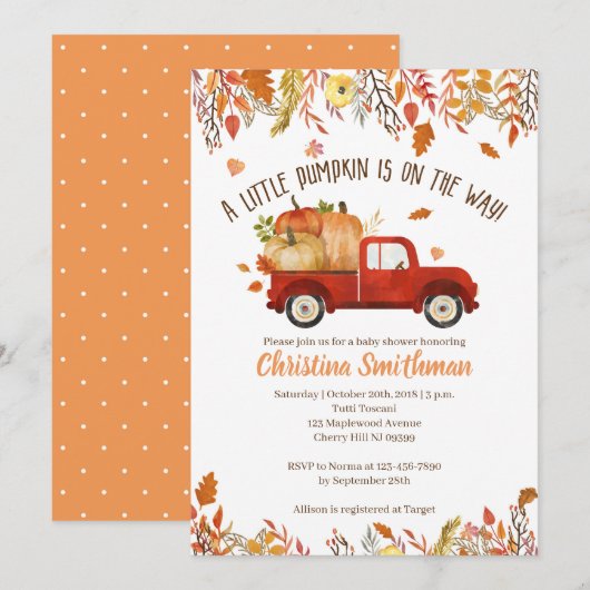 Herfst Baby Shower Invitting Little Pumpkin Kaart (Voorkant / Achterkant)