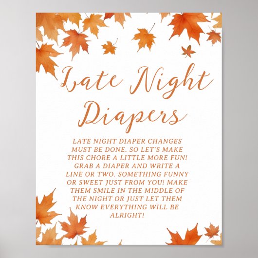 Herfst Baby shower Late Night Luiers Party Game Poster (Voorkant)