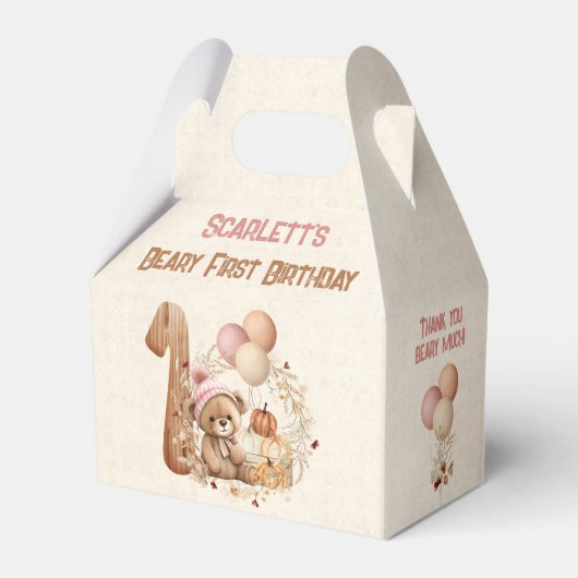 Herfst Beer Meisje 1e Verjaardag Gable Bedankdoosjes (Voorkant Zijde)