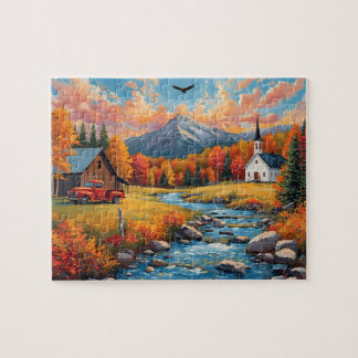 Herfst Berg Kerk Rode Truck Legpuzzel