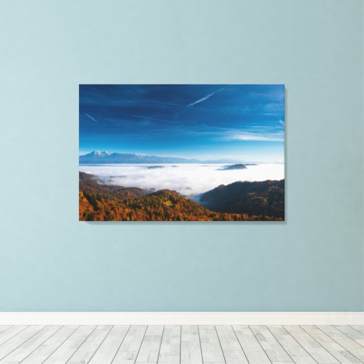 Herfst bergen en mist in de vallei canvas afdruk (Insitu (Houten vloer))