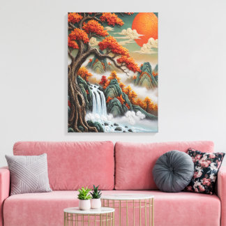 Herfst berglandschap met waterval canvas afdruk