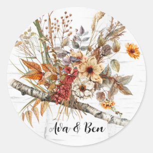 Herfst Birch Tree en Wildflowers Wedding Ronde Sticker