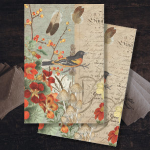 Herfst Bird Oranje Floral Foliage Script Decoupage Tissuepapier