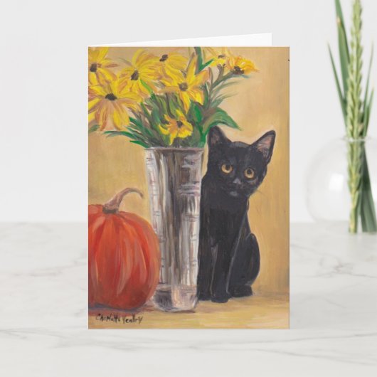 Herfst Black Kat Pumpkin Cat Art Wenskaart Kaart (Voorkant)