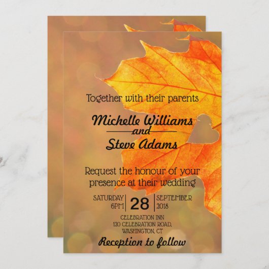 Herfst blad met hart bruiloft uitnodiging (Voorkant / Achterkant)