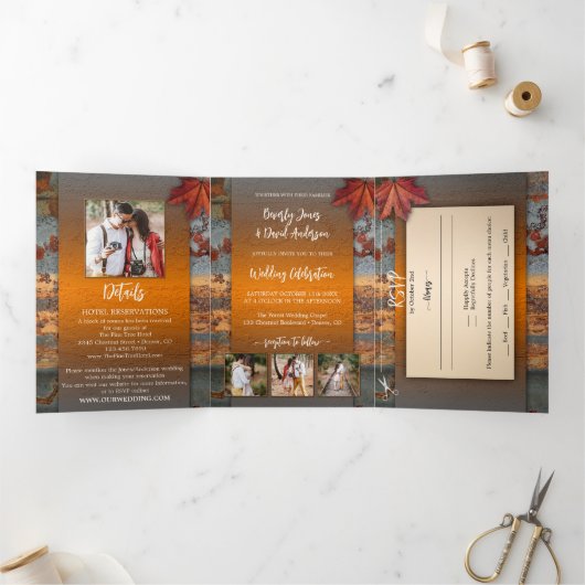 Herfst bladeren industriële bruiloft drieluik uitnodiging (Binnen)