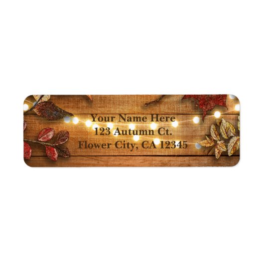 Herfst bladeren & String lichten op rustiek hout Etiket (Voorkant)