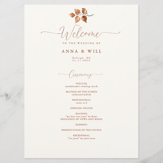 Herfst bladeren terracotta elegante bruiloft cerem programma (Voorkant)