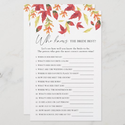Herfst bladeren - Wie weet de bruid beste spel (Voorkant / Achterkant)
