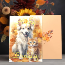 Herfst Bladeren Witte Collie Hond & Tabby Kitten