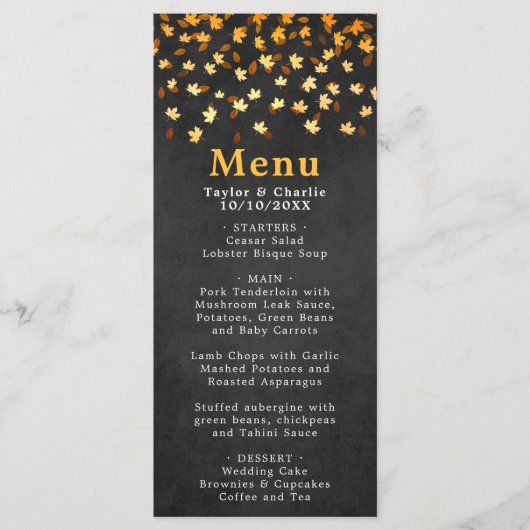 Herfst bladeren zwart en goud bruiloft menu (Voorkant)