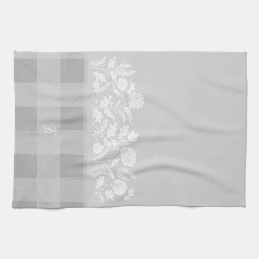 Herfst Bladgroen Herfstbloemen & Bladgrijs Plaid Theedoek (Horizontaal)