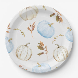 Herfst Blauw Wit Pompoenen Baby shower Papieren Bordje
