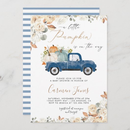 Herfst Blauwe Pompoen Vrachtwagen Baby shower Uitn Kaart (Voorkant / Achterkant)
