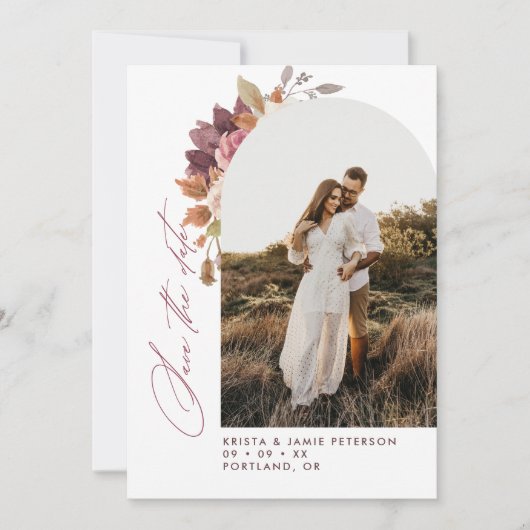 Herfst Bloemboog Foto QR Code Trouwen Save The Date (Voorkant)