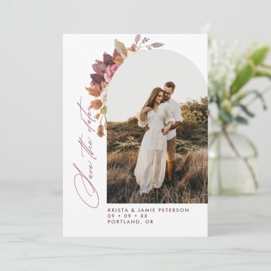 Herfst Bloemboog Foto QR Code Trouwen Save The Date (Staand voorkant)