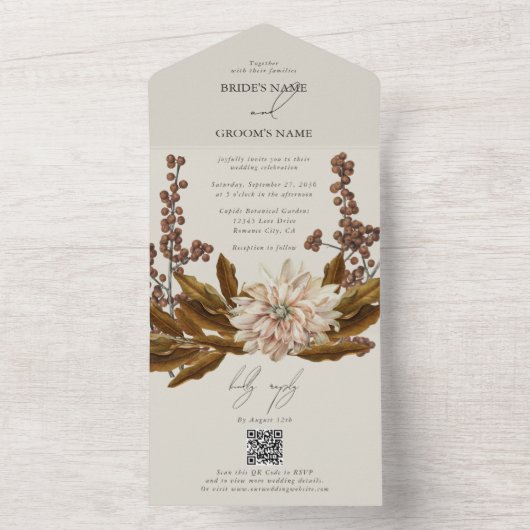 Herfst Bloemen Aardse Tonen Waterverf Herfstbruilo All In One Uitnodiging (Binnen)