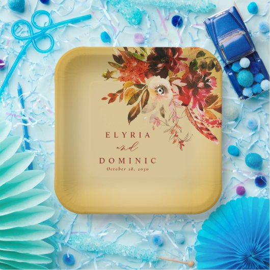 Herfst Bloemen Boeket Elegant Gold Washed Wedding Papieren Bordje (Feest)