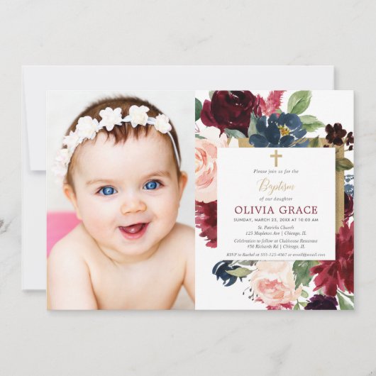 Herfst Bloemen Bourgondië Blush Goud Meisje Doopse Kaart (Voorkant)