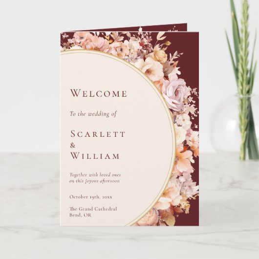 Herfst Bloemen Bourgondië Cream Bruiloft Programma (Voorkant)