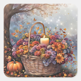 Herfst Bloemen- en Bladkaarsmand Vierkante Sticker
