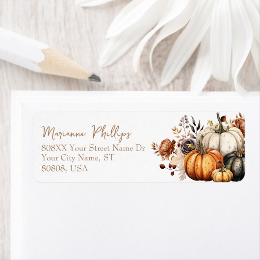 Herfst Bloemen en Pompoenen Waterverf Herfst Etiket (Insitu)