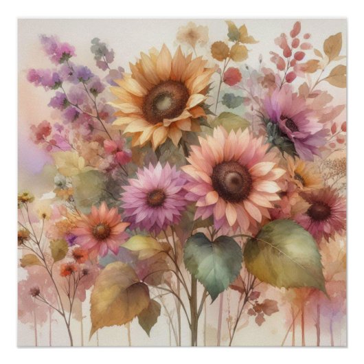 Herfst bloemen en zonnebloemen waterverf pastels perfect poster (Voorkant)