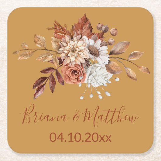 Herfst Bloemen Gouden Vierkant Papier Onderzetter (Voorkant)