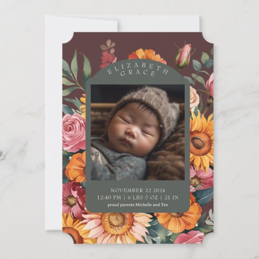 Herfst Bloemen Grens November Geboorteaankondiging Kaart (Voorkant)