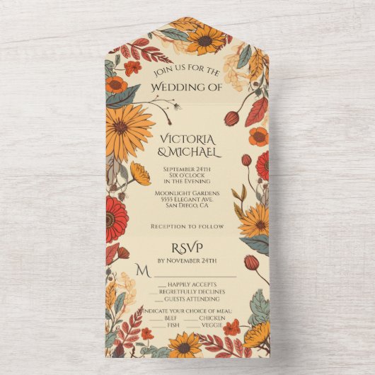 Herfst bloemen herfst bruiloft all in one uitnodiging (Binnen)