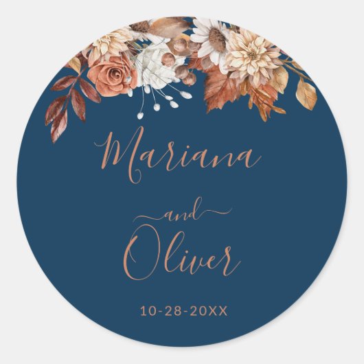 Herfst Bloemen Navy Blue Envelope Seals Ronde Sticker (Voorkant)