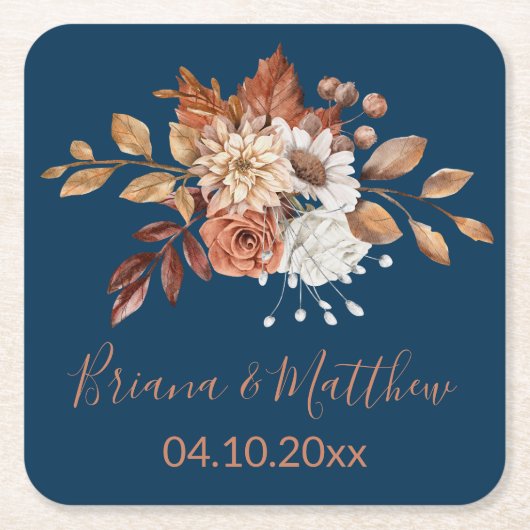Herfst Bloemen Navy Blue Square Paper Onderzetter (Voorkant)