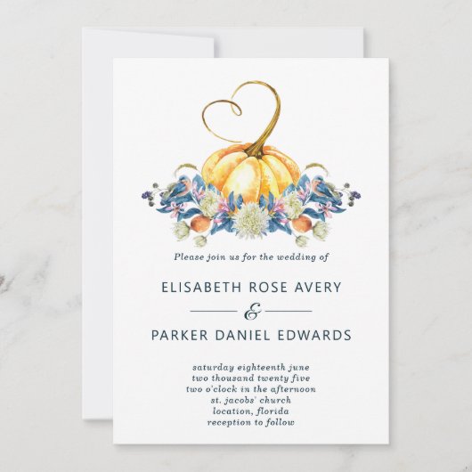 Herfst Bloemen Pompoen Bruiloft Kaart (Voorkant)