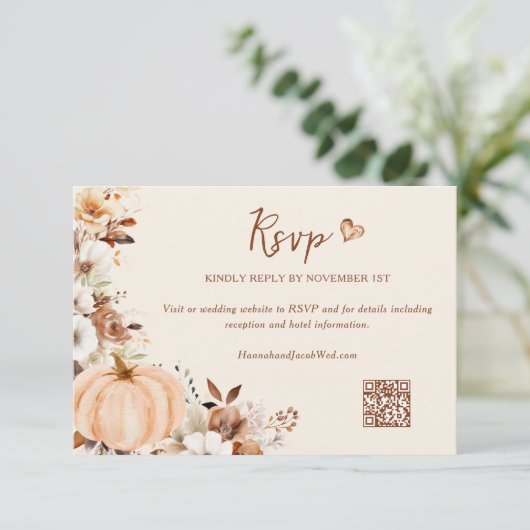 Herfst Bloemen Pompoen bruiloft QR-code RSVP Kaartje (Staand voorkant)