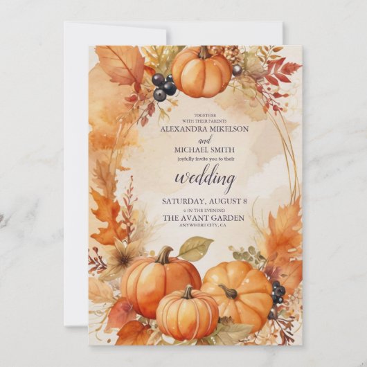 Herfst Bloemen Pompoen Scrip bruiloft uitnodiging (Voorkant)