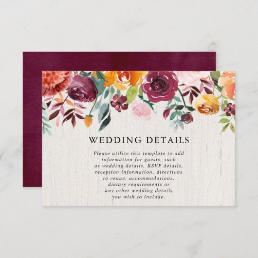 Herfst Bloemen waterverf rustieke bruiloft details Informatiekaartje (Voorkant / Achterkant)